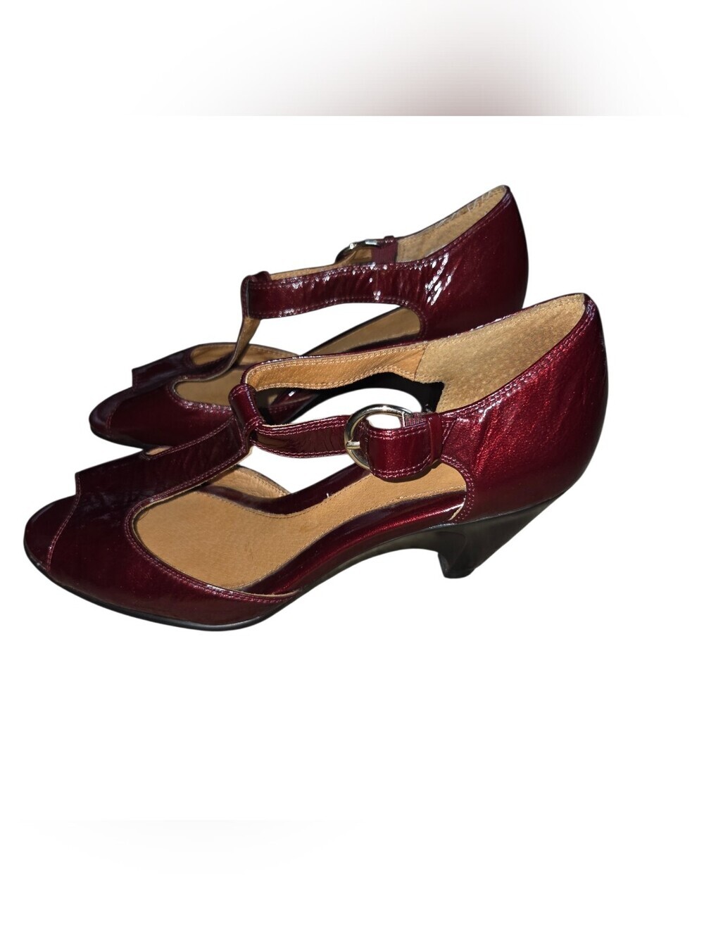 Sofft Burgundy T-Strap Peep-Toe Heels - Picture 9 of 10